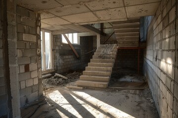 Poster - Sunlight illuminating unfinished concrete staircase in building under construction