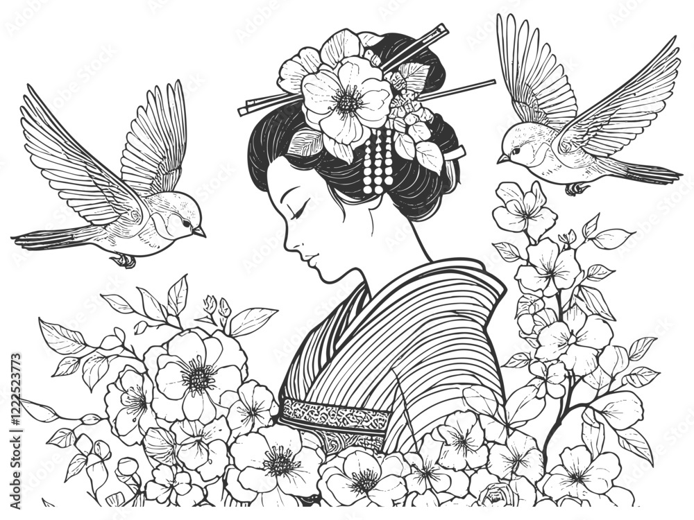 geisha in traditional attire, surrounded by cherry blossoms and flying ...