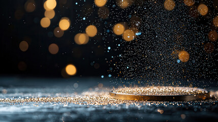 Aufkleber - close up of shimmering particles and circular object on reflective surface, creating magical atmosphere with bokeh lights in background
