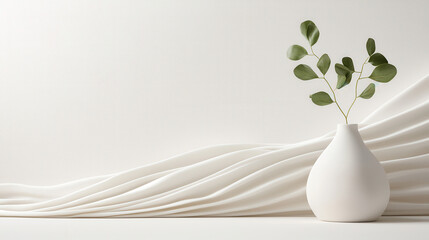 Leinwandbilder - minimalist white vase with green leaves against soft white background, creating serene and elegant atmosphere. gentle curves of backdrop enhance simplicity of composition