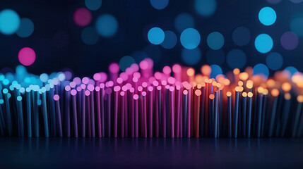 Leinwandbilder - Vibrant close up of colorful fiber optic strands illuminated with blue, pink, and orange lights, creating mesmerizing bokeh effect