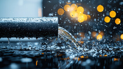 Aufkleber - Water flows from metallic pipe, creating splashes and droplets in reflective surface, with blurred background of warm bokeh lights, evoking sense of tranquility and motion