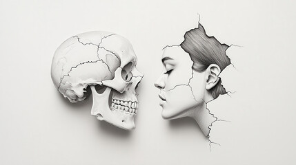 Poster - striking black and white artwork featuring skull and woman face emerging from cracked wall, symbolizing connection between life and death