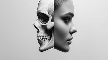 Aufkleber - striking black and white illustration showcasing skull juxtaposed with woman profile, symbolizing contrast between life and death