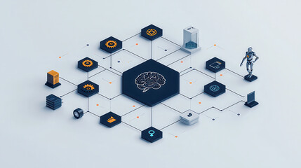 Poster - minimalist style image depicting brain at center, connected to various icons representing technology, automation, and data analysis. design conveys innovation and intelligence