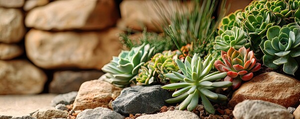 Poster - Gardening landscaping concept. Vibrant succulents growing among rocks in a serene outdoor setting.