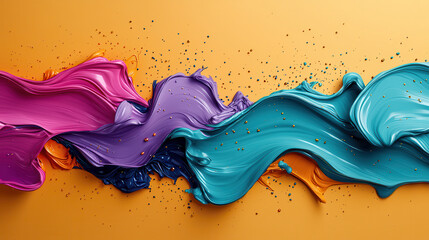 Poster - Vibrant abstract painting with colorful paint swirls and splashes on golden background. dynamic movement and rich hues create energetic and lively atmosphere