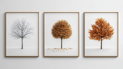 Poster - minimalist artwork featuring three framed trees representing different seasons bare tree, tree with autumn leaves, and vibrant tree full of foliage