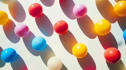 Wall Mural - Colorful balls of different sizes are scattered on a white surface. The balls cast shadows on the surface.