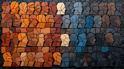 Aufkleber - Mosaic artwork featuring abstract human faces in warm and cool colors, showcasing blend of orange, blue, and brown tones. intricate design evokes emotion and creativity