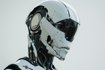 Poster - Futuristic robot showing helmet details, featuring technological components, in a close up, showcasing advanced robotic design