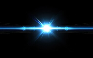 Poster - striking blue light burst with horizontal lines and abstract lens flare on black background.