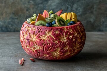 Wall Mural - Carved Watermelon Filled with Mixed Exotic Fruits: Watermelon carved into a bowl, overflowing with papaya, mango, and kiwi slices.