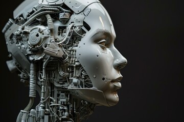 Poster - Profile view of a futuristic female robot revealing complex internal mechanisms, symbolizing advanced technology and artificial intelligence