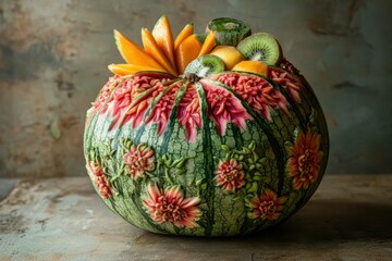 Wall Mural - Carved Watermelon Filled with Mixed Exotic Fruits: Watermelon carved into a bowl, overflowing with papaya, mango, and kiwi slices.