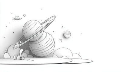 Leinwandbilder - black and white line drawing of planet with rings, surrounded by smaller planets and clouds, creating whimsical cosmic scene