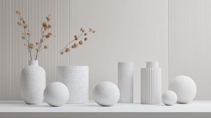 Aufkleber - Minimalist decor featuring white geometric vases and spheres with dried flowers, creating serene and modern atmosphere. Perfect for contemporary interior design