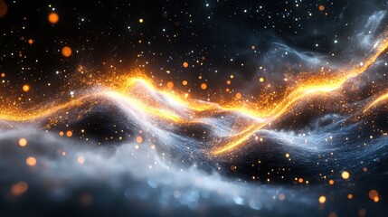 Poster - Ethereal Glowing Particles Flowing Across a Deep Space Landscape, Abstract Digital Art.
