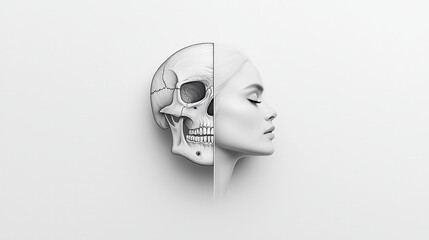 Poster - striking black and white charcoal drawing depicting human skull alongside profile of woman, showcasing contrast between life and death