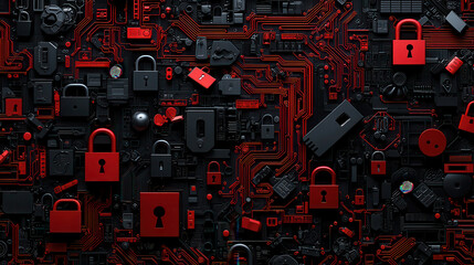 Aufkleber - Digital image featuring complex arrangement of locks and circuit patterns in red and black, symbolizing security and technology