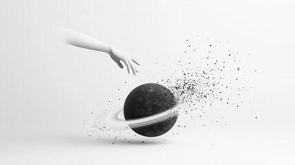 Leinwandbilder - surreal black and white image featuring hand reaching towards planet surrounded by particles, evoking sense of wonder and creativity