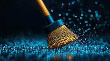 Aufkleber - broom sweeping sparkling particles on dark surface, creating mesmerizing effect. vibrant blue tones enhance dynamic motion and cleanliness