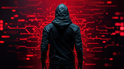 Leinwandbilder - Mysterious figure in black hoodie against red digital background, evoking sense of intrigue and technology