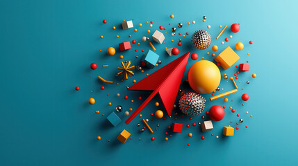 Aufkleber - Bright and colorful 3D abstract composition featuring geometric shapes, spheres, and red paper airplane on blue background, evoking playful and creative atmosphere