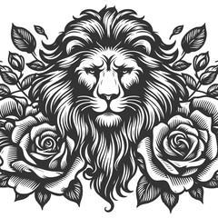 Wall Mural - majestic lion surrounded by roses, showcasing a bold tattoo-inspired design with intricate details sketch engraving generative ai raster illustration. Scratch board imitation. Black and white image.