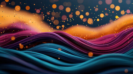 Poster - Vibrant abstract digital painting with flowing waves and bright colors, featuring shades of purple, blue, and orange, creating dynamic and energetic atmosphere