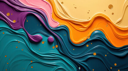 Fototapete - Vibrant abstract digital painting with flowing colors and golden accents, showcasing blend of purple, pink, orange, teal, and gold. dynamic movement evokes creativity and energy