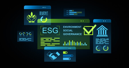 Poster - ESG concept illustration highlighting environment, social, and governance aspects with digital graphical elements on dark background. 3D Rendering