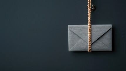 Fototapete - light gray envelope hanging from rope against dark background, creating minimalist and modern aesthetic. This evokes curiosity and anticipation