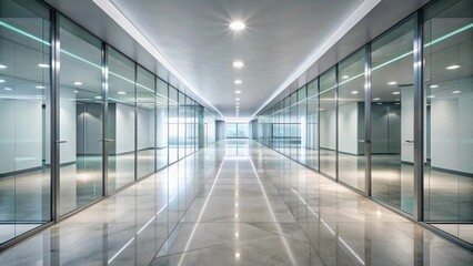  A long, bright corridor with glass partitions and polished stone floor, reflecting light and creating a modern, sleek ambiance.