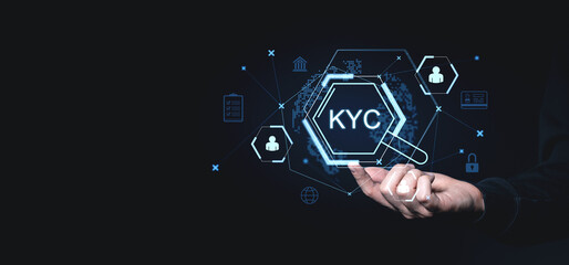 Fototapete - KYC verification graphics with digital hexagonal interface and icons on dark background.