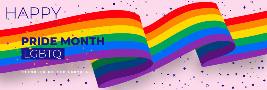 Happy 2025 pride month banner. Rainbow colored background. Banner for Pride month lettering with heart shaped hands, brush stroke. 2025 Pride month background with rainbow gradient.