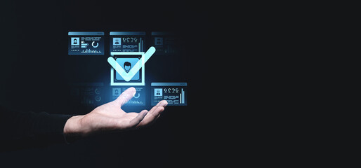 Poster - digital identity verification concept with hand holding holographic checkmark and user data interfac