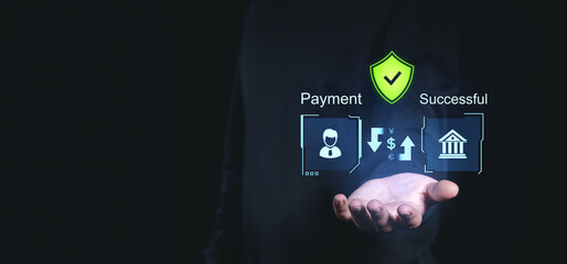 Poster - Secure digital payment concept with successful transaction and shield icon.