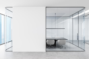 Poster - modern office interior with glass-walled meeting room and minimalist design. 3d rendering