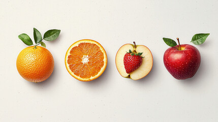Aufkleber - Fresh fruits including orange, apple, and strawberry arranged beautifully. This vibrant display showcases natural colors and textures, perfect for healthy eating inspiration