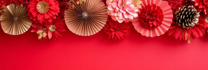 Poster - Festive Decorations with Flowers and Paper Accents on Red Background