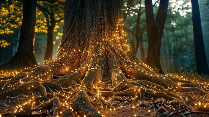 Aufkleber - Luminous fairy lights entwine the gnarled roots of an ancient tree, casting a warm glow in a serene forest. Sunlight filters through leaves, enhancing the mystical atmosphere.
