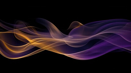 Poster - abstract flowing golden and purple smoke waves on black background.