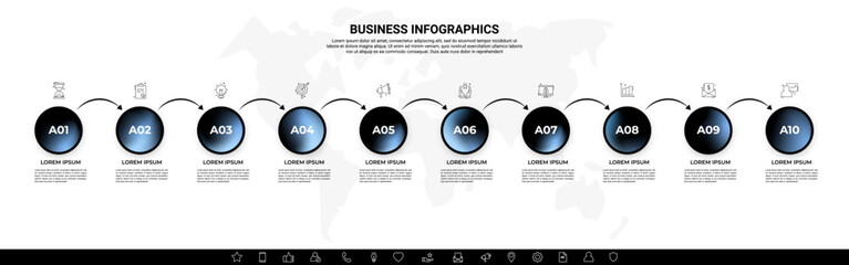 Wall Mural - Modern Business Infographic with Gradient Circular Icons – 10 Steps Workflow Template and arrows