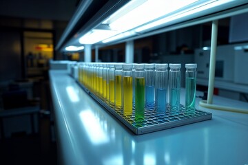 Poster - Laboratory experiment showing colorful liquid chemical substances in test tubes