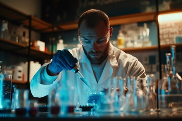Poster - Scientist working with pipette and test tubes in laboratory at night