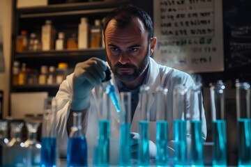 Poster - Scientist carefully dripping blue liquid into test tubes in laboratory