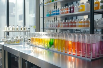 Poster - Test tubes containing colorful liquids creating a gradient in modern laboratory