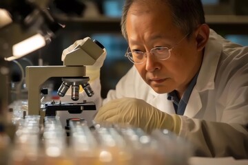 Poster - Scientist using microscope examining samples in laboratory