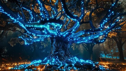 Aufkleber - A grand tree adorned with vibrant blue lights stands in a serene forest. Its twisted branches spread wide, and the glow creates a mystical atmosphere amidst the dark surroundings.